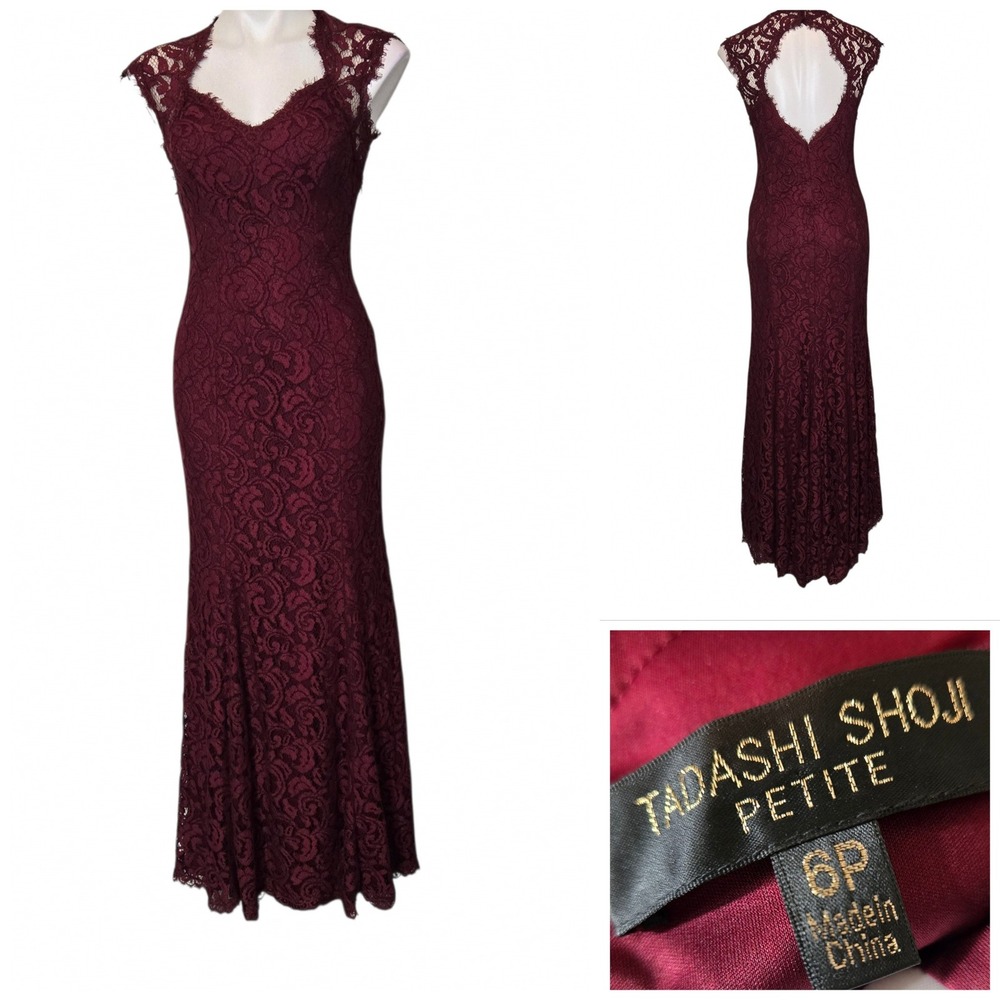 Tadashi Shoji Petite Burgundy Lace Keyhole Back Gown ACZ2253LP Size 6P